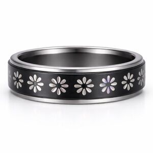 Stainless Steel Fidget Spinner Ring Anxiety Ring Black Daisy Floral